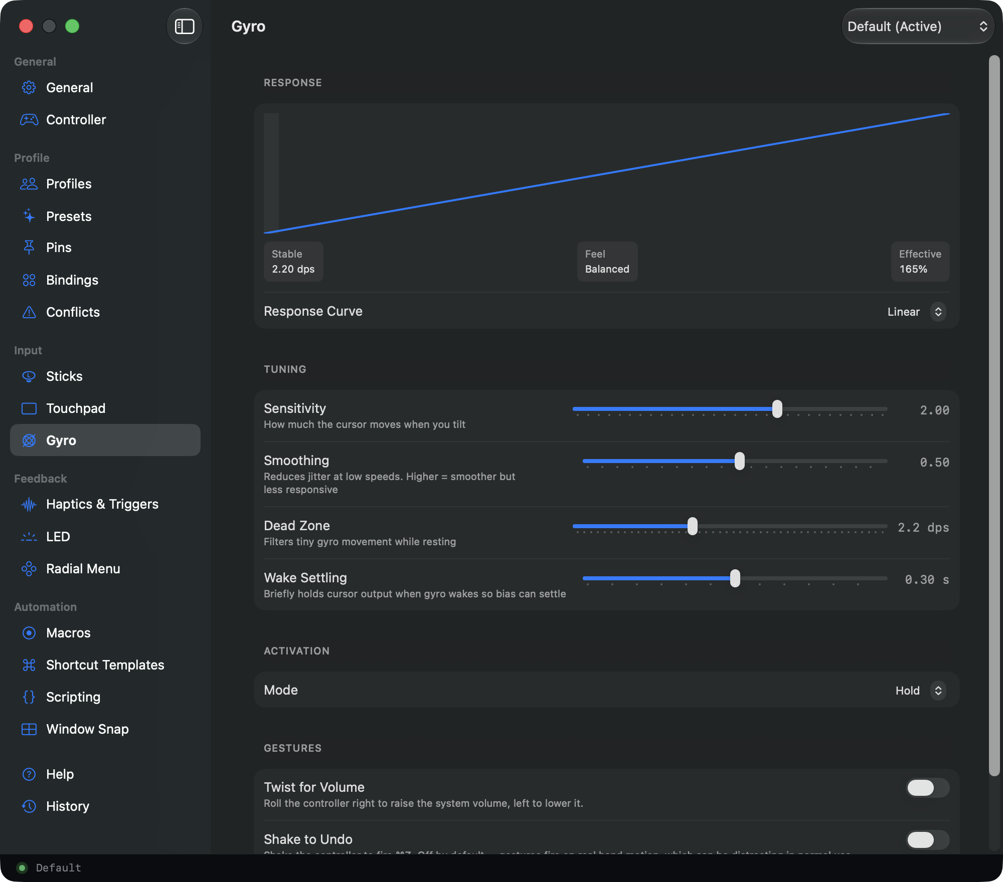 Steer's Gyro pane: aim speed curve, sensitivity tuning, and tilt-to-aim activation