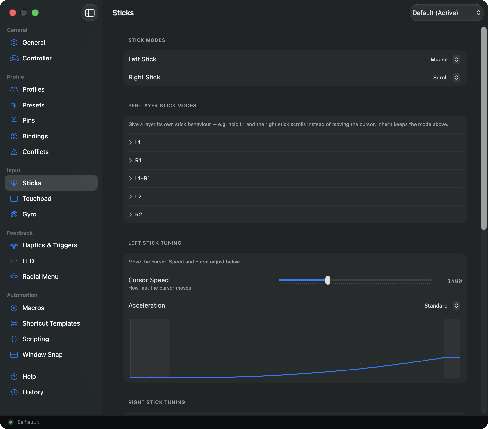 Steer's Sticks pane: a cursor-speed slider and a response curve you can shape and slow down