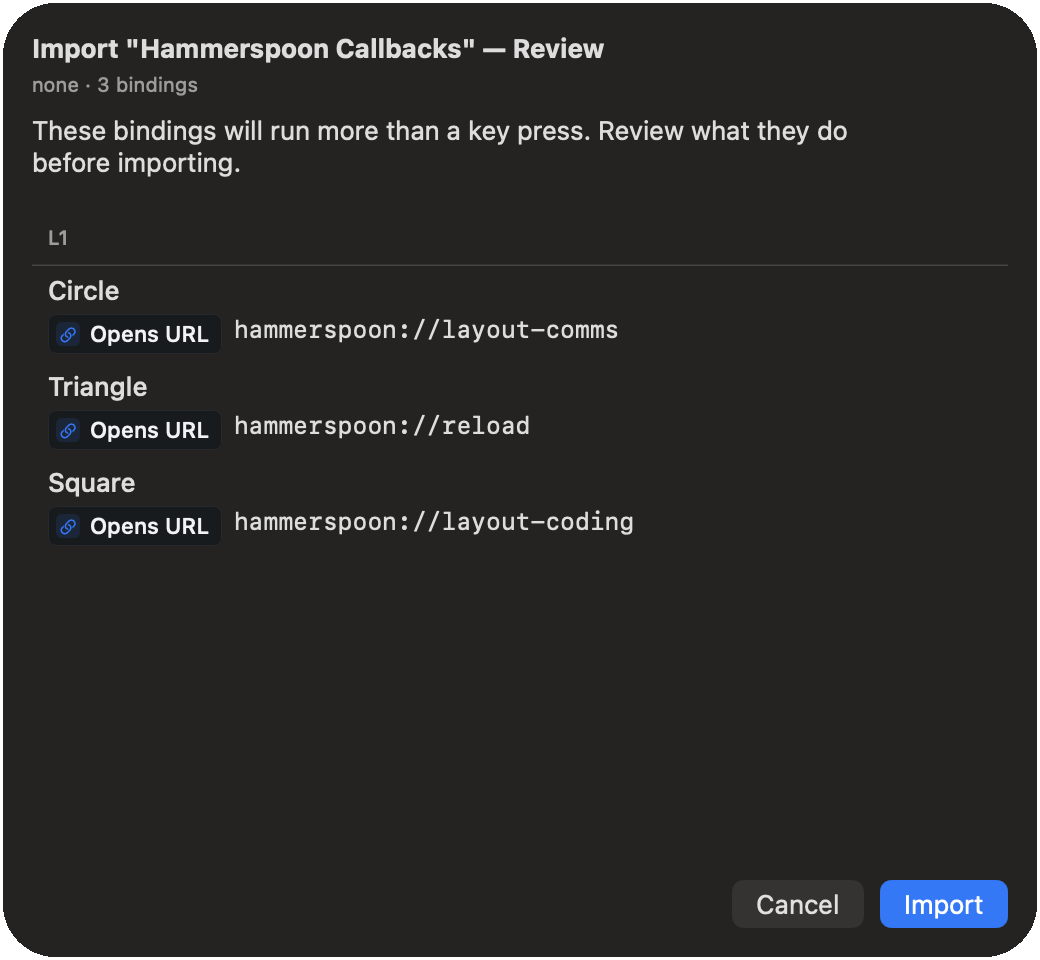 Steer's import review: three imported bindings, each tagged Opens URL beside the address it would open, with Cancel and Import buttons at the foot.