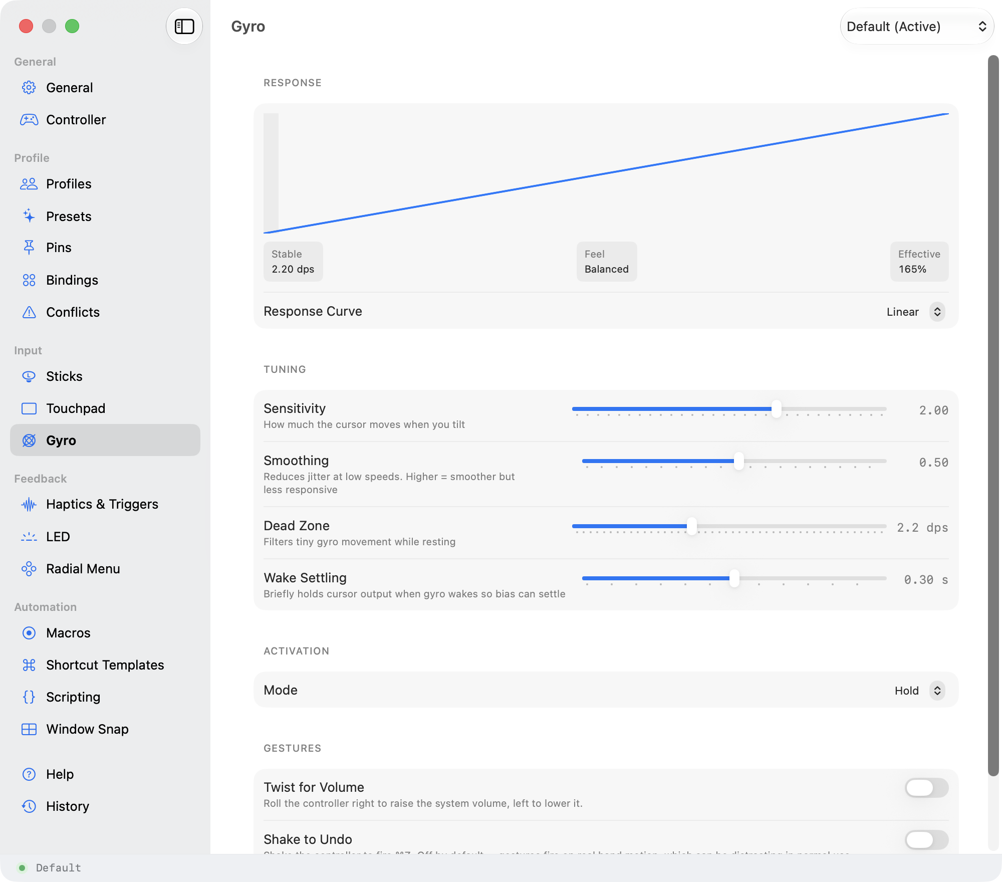 Steer's Gyro pane: aim speed curve, sensitivity tuning, and tilt-to-aim activation