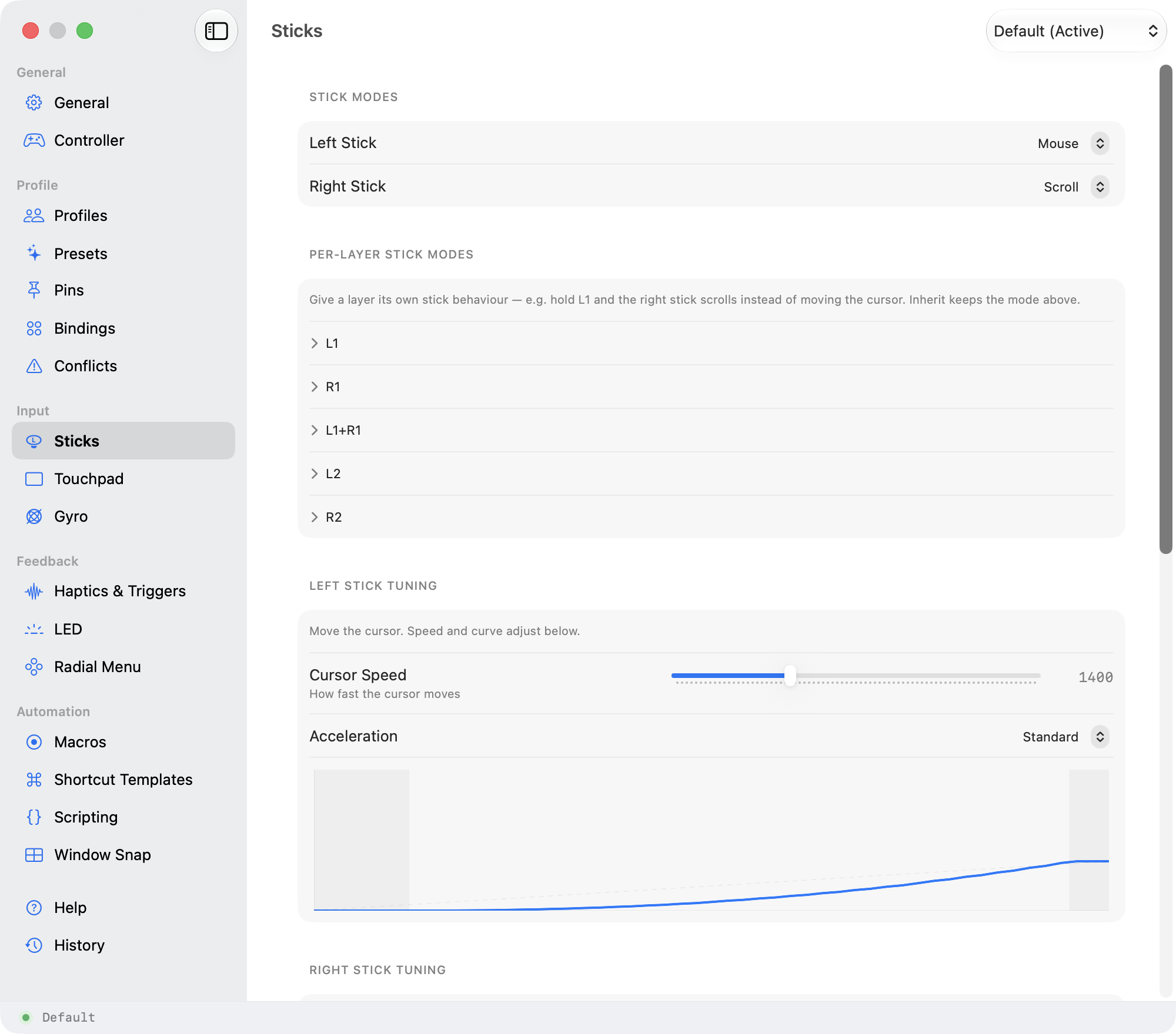 Steer's Sticks pane: a cursor-speed slider and a response curve you can shape and slow down