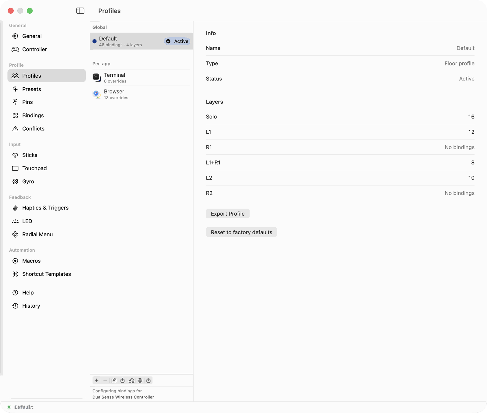 Profiles settings pane