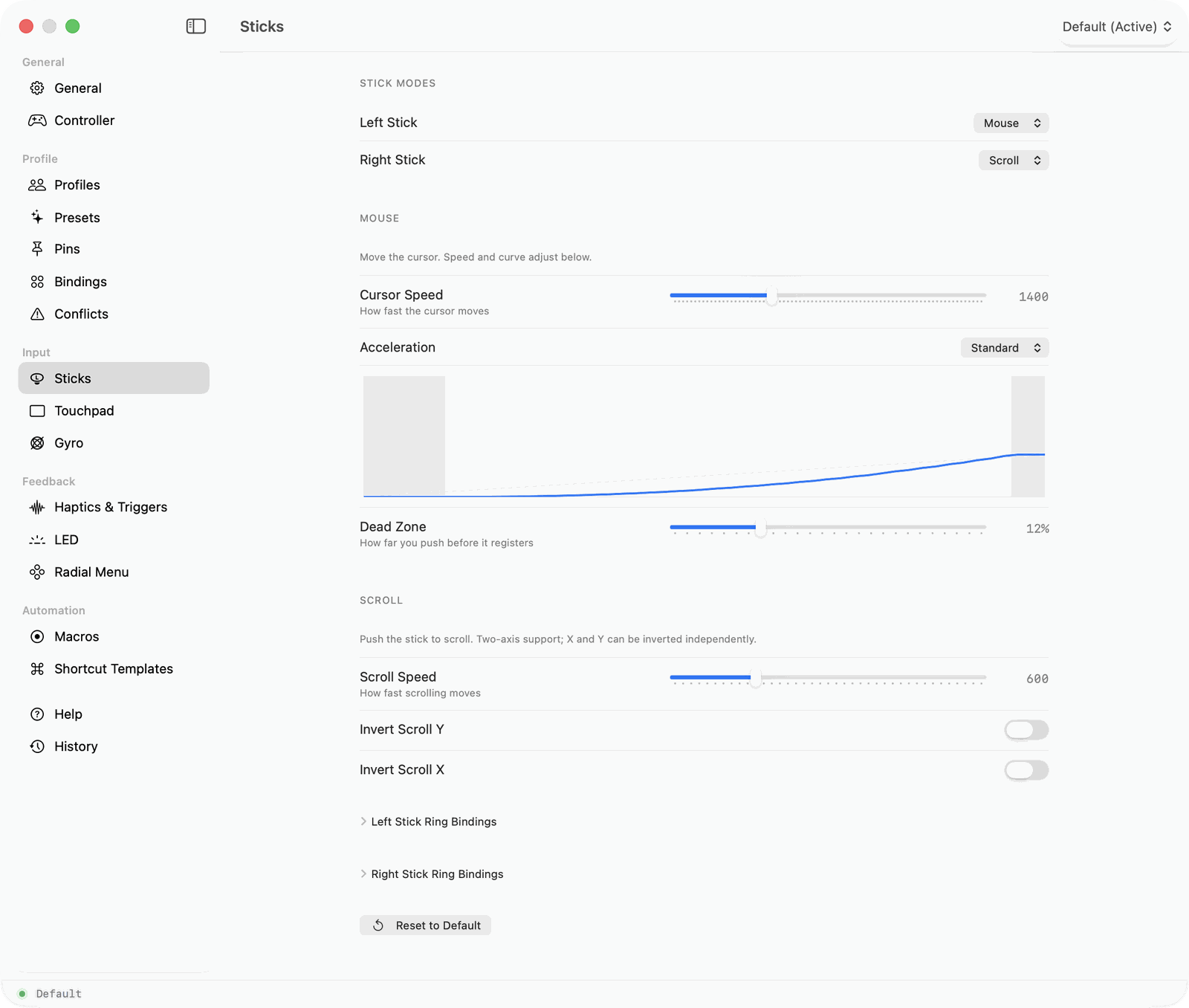 Sticks settings pane