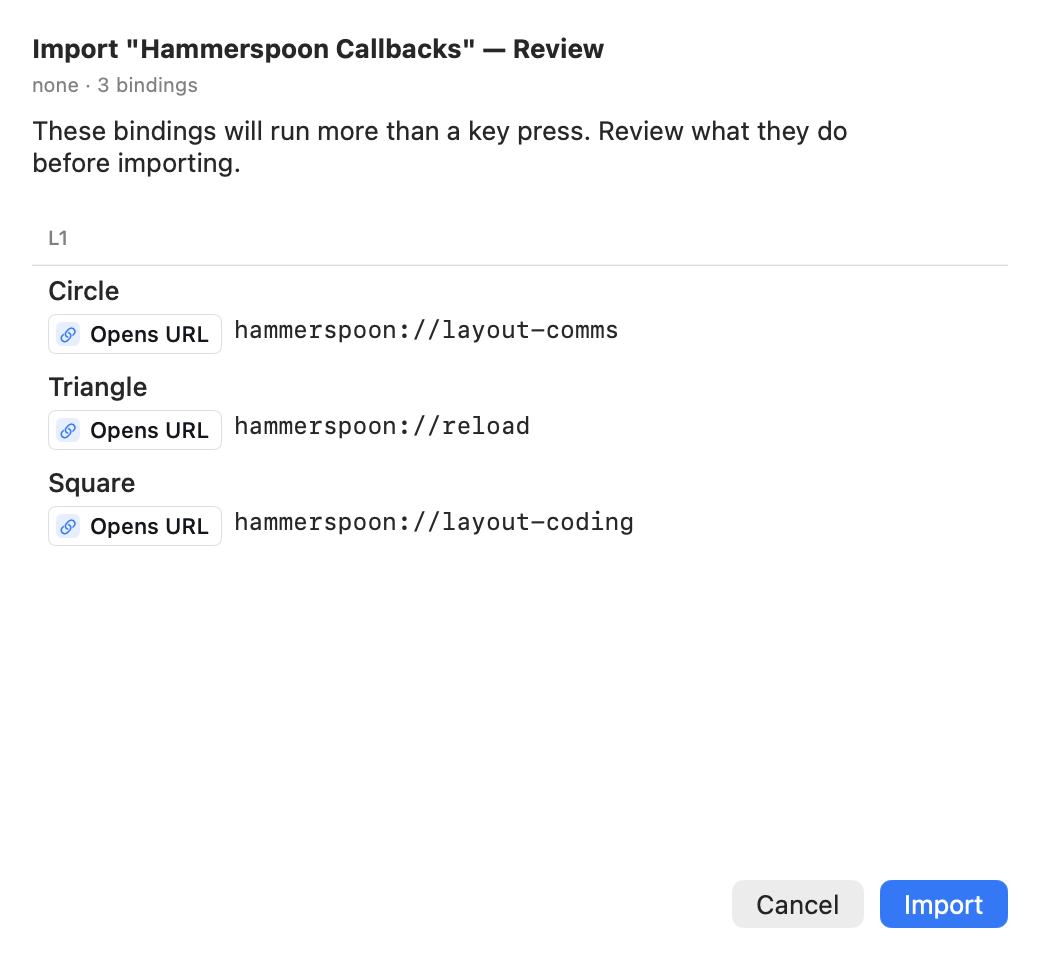 Steer's import review: three imported bindings, each tagged Opens URL beside the address it would open, with Cancel and Import buttons at the foot.