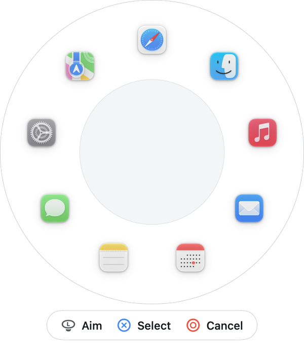 Steer's ring of apps: Safari, Finder, Music, Mail, Calendar, Notes, Messages, System Settings and Maps around a circle, with Aim, Select and Cancel below.