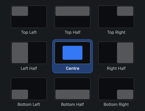 Steer's Window Snap: nine places in a grid, from Top Left to Bottom Right, with Centre selected.