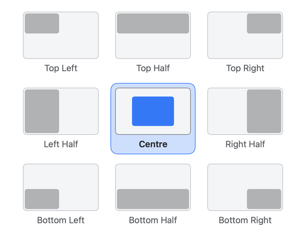 Steer's Window Snap: nine places in a grid, from Top Left to Bottom Right, with Centre selected.