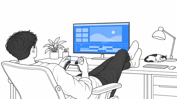 Ink drawing: an editor leans back from the desk, feet up beside the monitor, controller in hand; the keyboard is pushed to the far end.