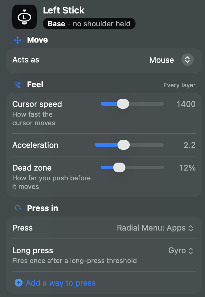Steer's settings for the left stick: Cursor speed, Acceleration and Dead zone sliders, with Press and Long press below.