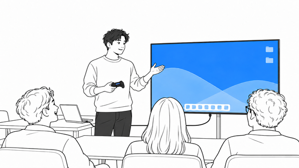 Ink drawing: a presenter holds a controller in one hand and points at the screen with the other; the laptop on the table is plugged into the screen and the room laughs.