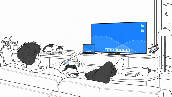 Ink drawing: someone on a sofa, feet up, runs the Mac on the TV with a controller; the laptop on the TV stand is plugged into the TV. Across the room the keyboard sits on a side table with a cat asleep on it.