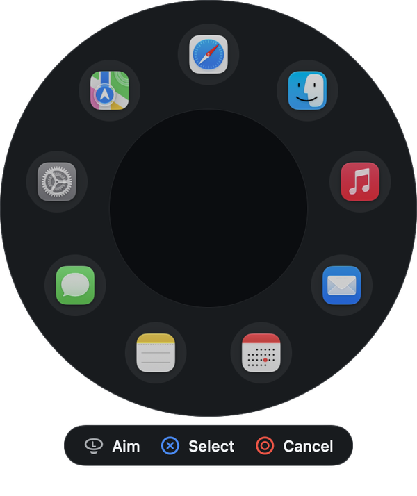 Steer's ring of apps: Safari, Finder, Music, Mail, Calendar, Notes, Messages, System Settings and Maps around a circle, with Aim, Select and Cancel below.