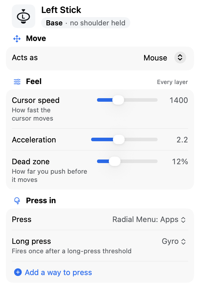 Steer's settings for the left stick: Cursor speed, Acceleration and Dead zone sliders, with Press and Long press below.