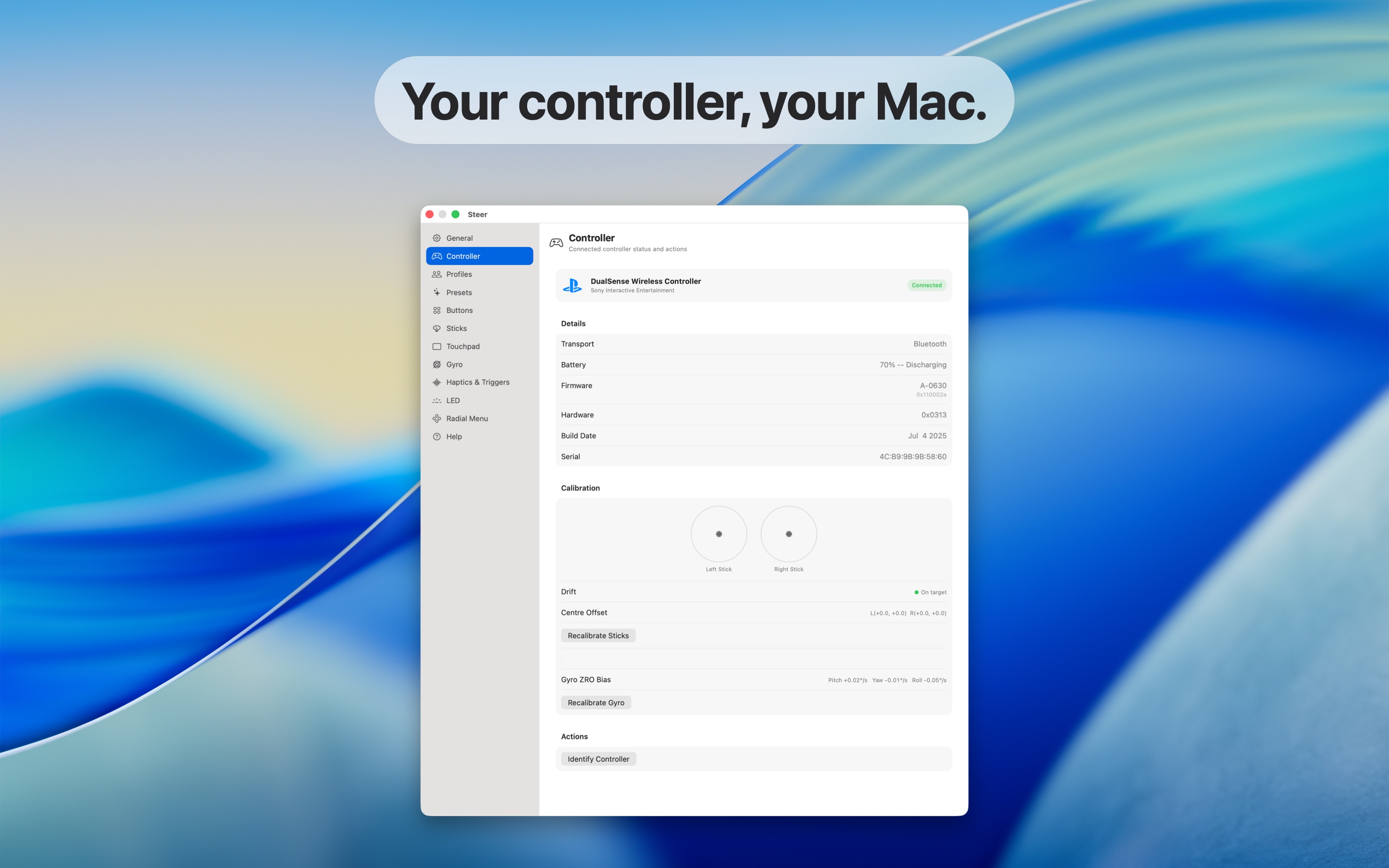 Steer menu bar showing connected controller, battery, and connection info