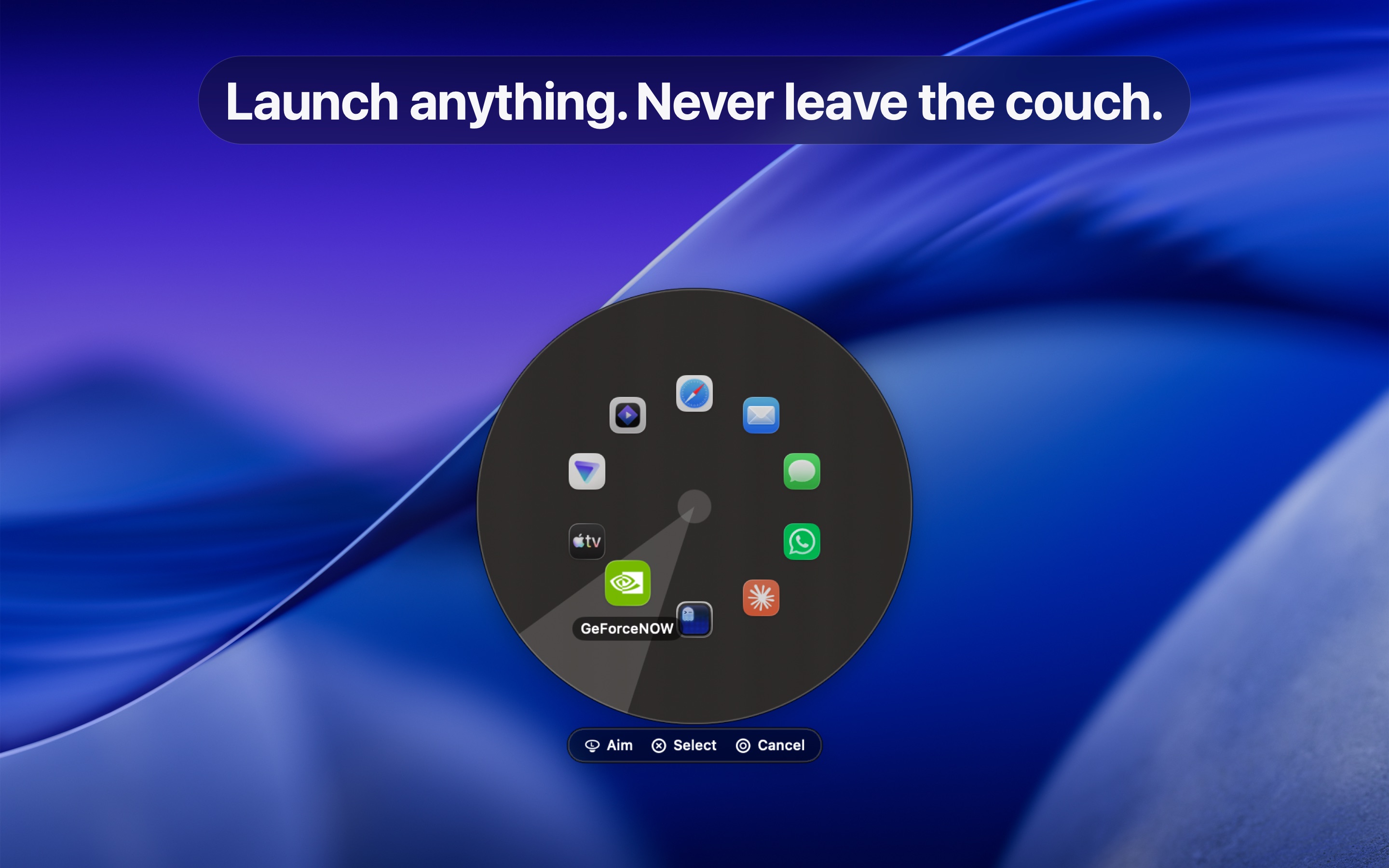 Radial app launcher driven by the right stick